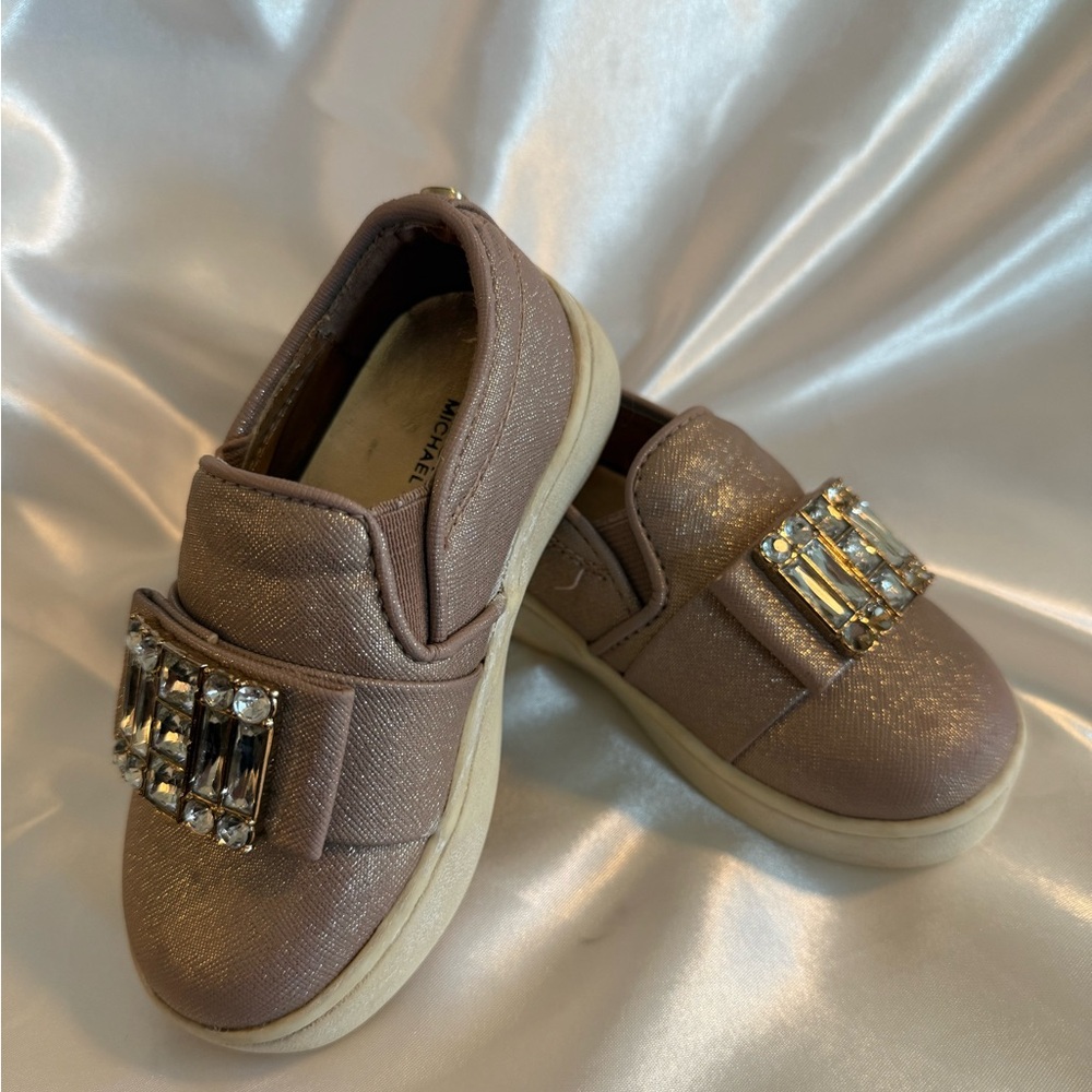 Michael Kors Toddler Girl Glitter Slip-On Sneakers | Size 6 | Rose Gold & Gems